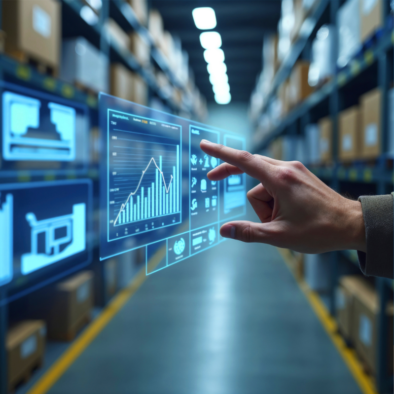Warehouse aisle with a hand interacting with an inventory analytics display.
