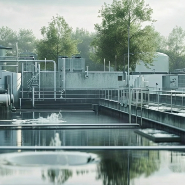 Water treatment installation with tanks, pipework and reflective water surfaces.
