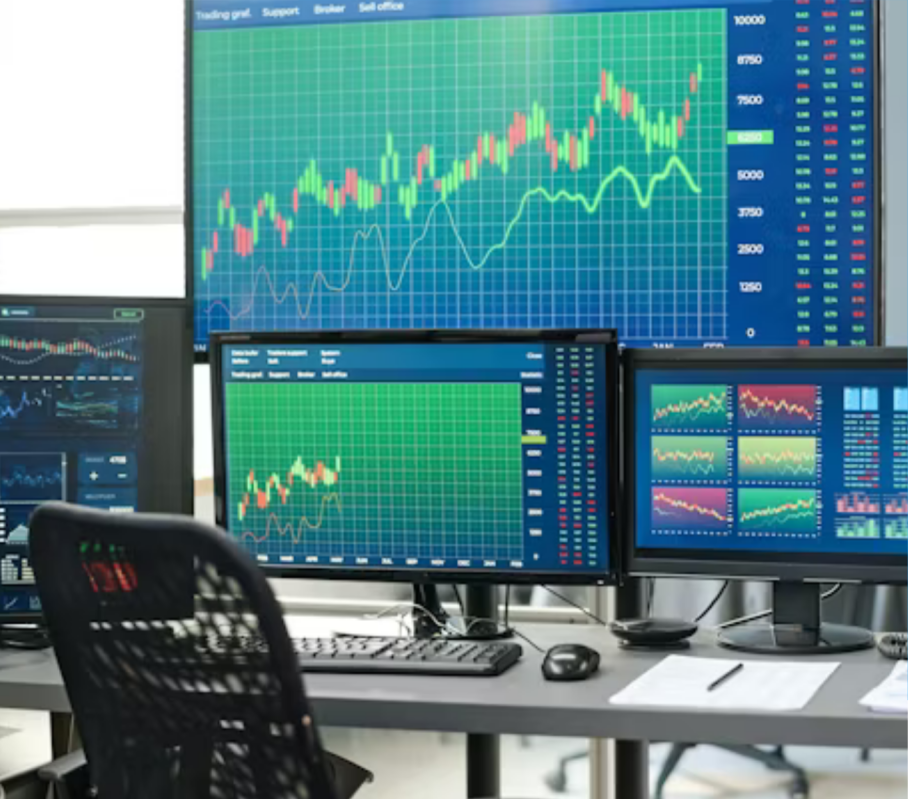 Investment analytics workstation with several financial chart displays.