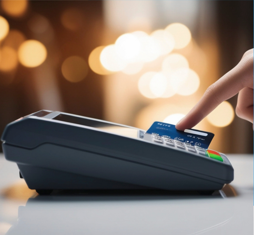 Payment card being used with a point-of-sale terminal.