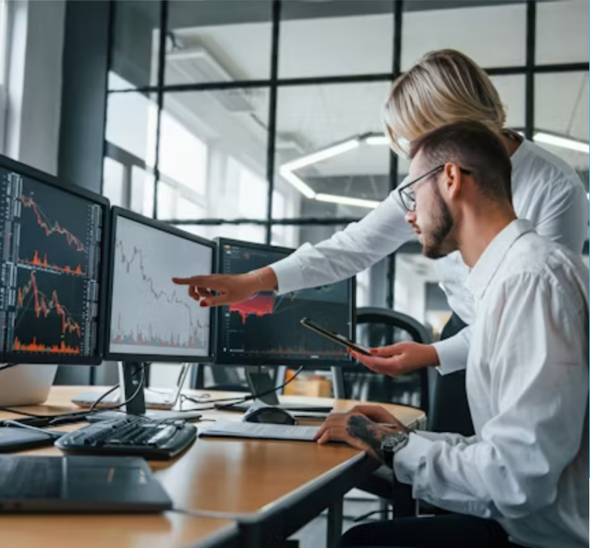 Colleagues reviewing financial charts on desktop monitors.
