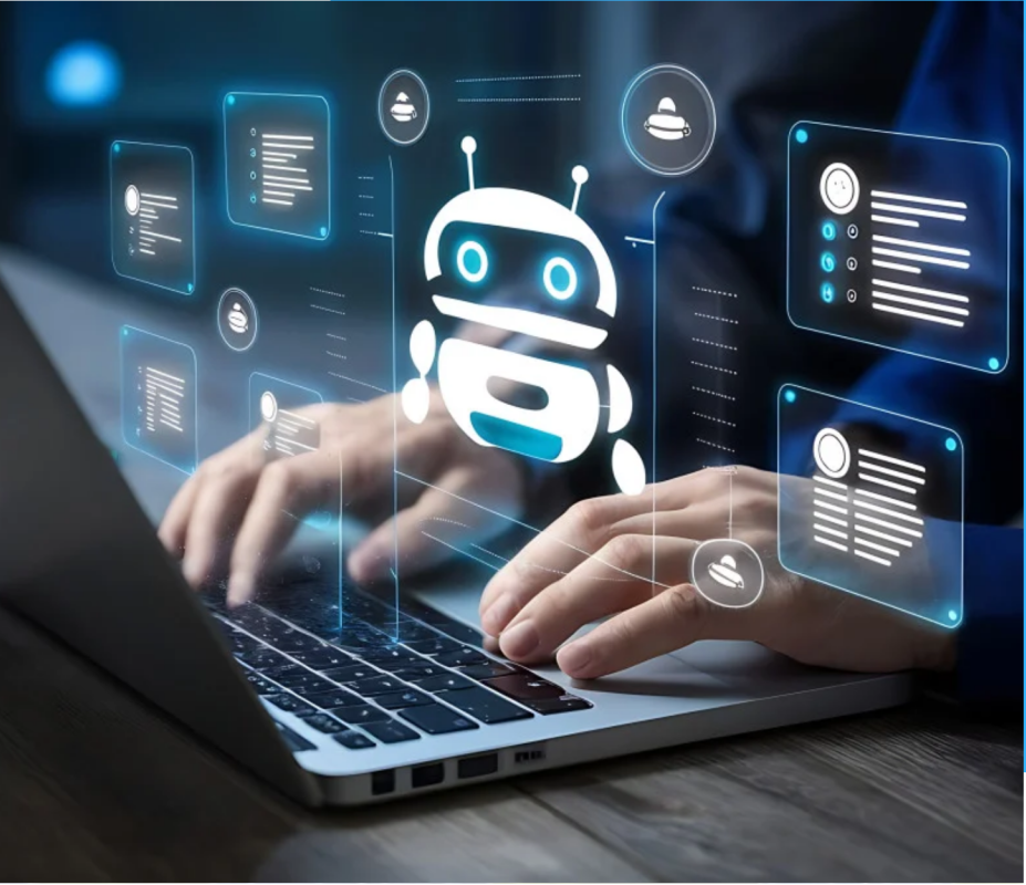 Illustration of an AI assistant above a laptop with learning interface icons.