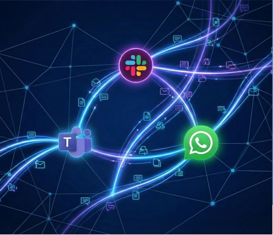 Illustration of connected Slack, Microsoft Teams and WhatsApp icons.