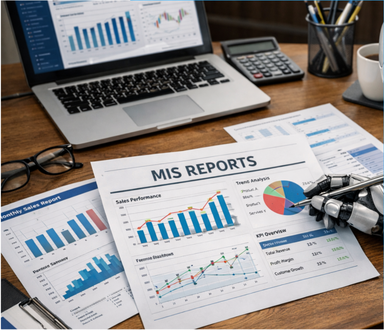 Laptop and printed MIS reports displaying charts on a desk.