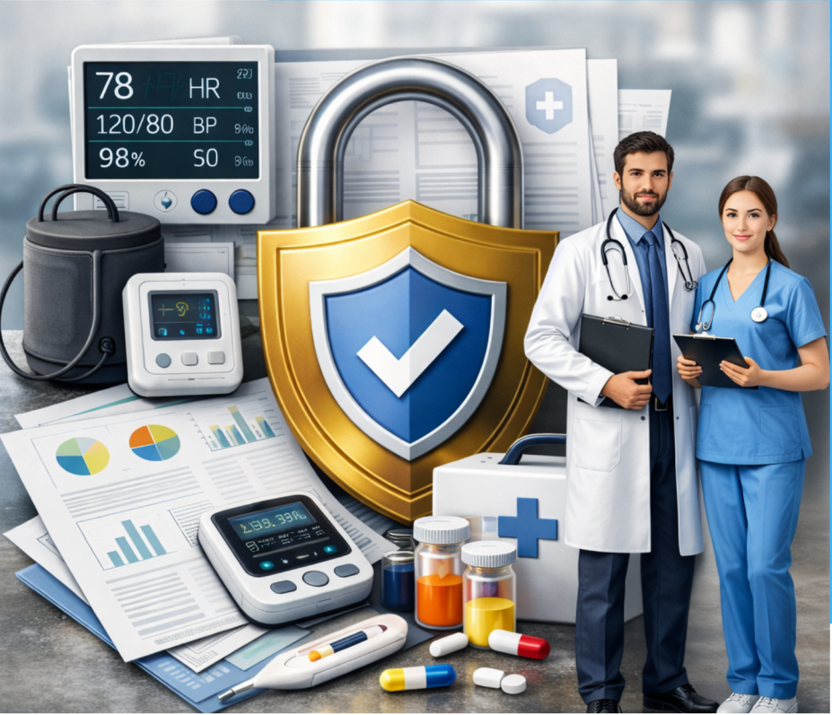 Illustration of medical devices, healthcare professionals and a security shield.
