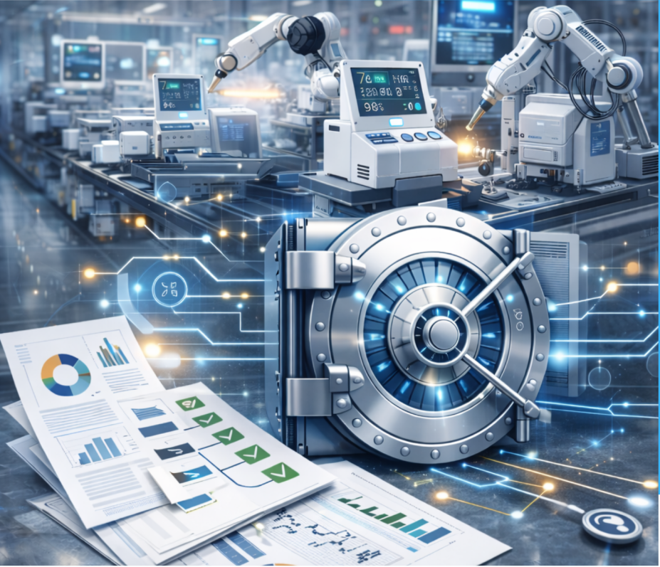 Illustration of automated medical-device production with a secure vault and documents.
