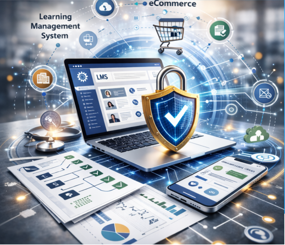 Illustration of learning management and ecommerce connected to a secure laptop platform.