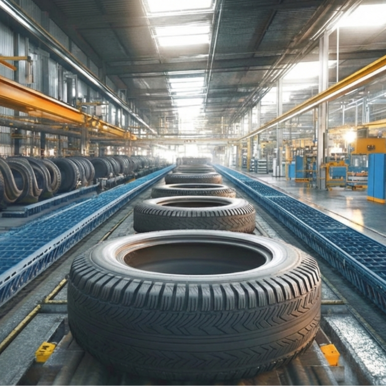 Tyres moving along a production line inside a manufacturing facility.